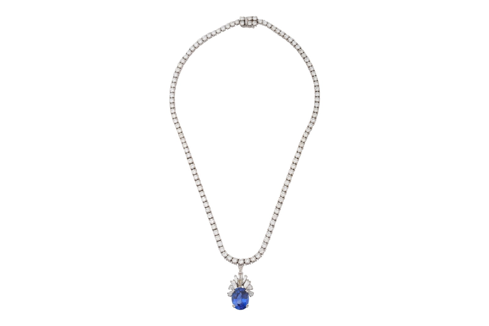 AN 18CT WHITE GOLD DIAMOND TENNIS NECKLACE WITH AN ART DECO STYLE DIAMOND AND SAPPHIRE PENDANT (1 of 8)