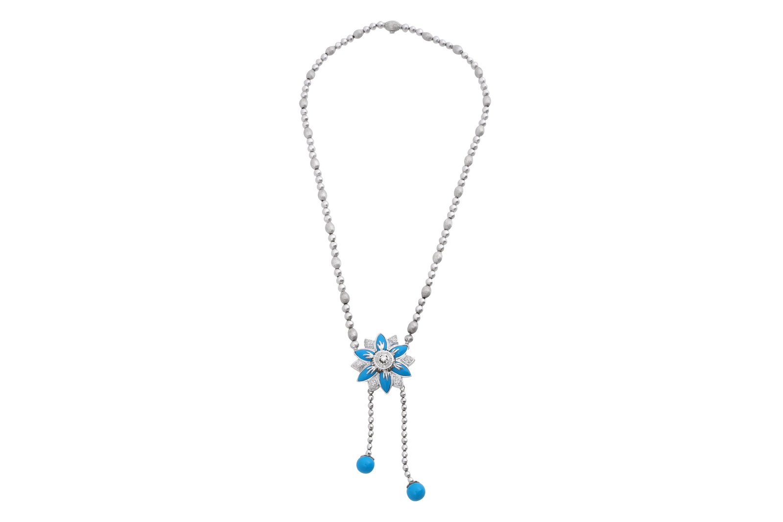 AN 18CT WHITE GOLD TURQUOISE AND DIAMOND NECKLACE: AN 18CT WHITE GOLD TURQUOISE AND DIAMOND NECKLACE Comprised of engine turned and polished 18ct white gold beads, terminating in a floral pendant, with a central round cut prong set diamond, surrounded