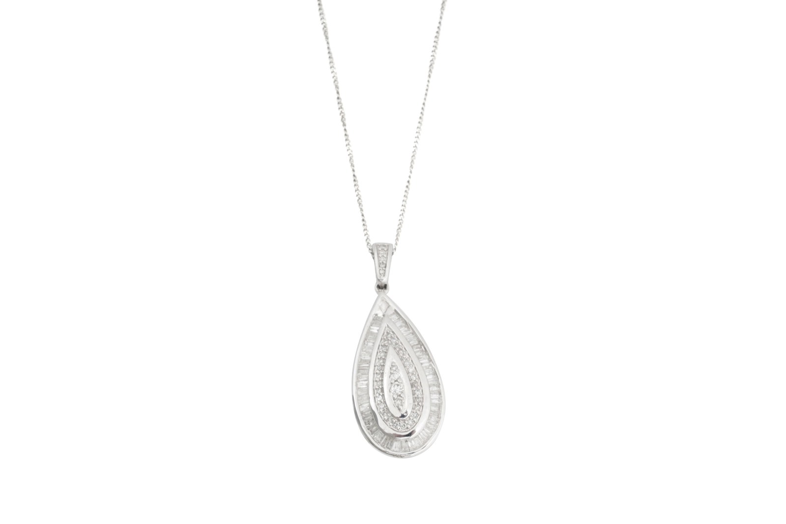 A 9CT WHITE GOLD TEARDROP PENDANT NECKLACE: A 9CT WHITE GOLD TEARDROP PENDANT NECKLACE Suspended on a fine 9ct white gold chain, the teardrop pendant of 9ct white gold, with baguette and round cut diamonds, in an open backed setting, stamped '3