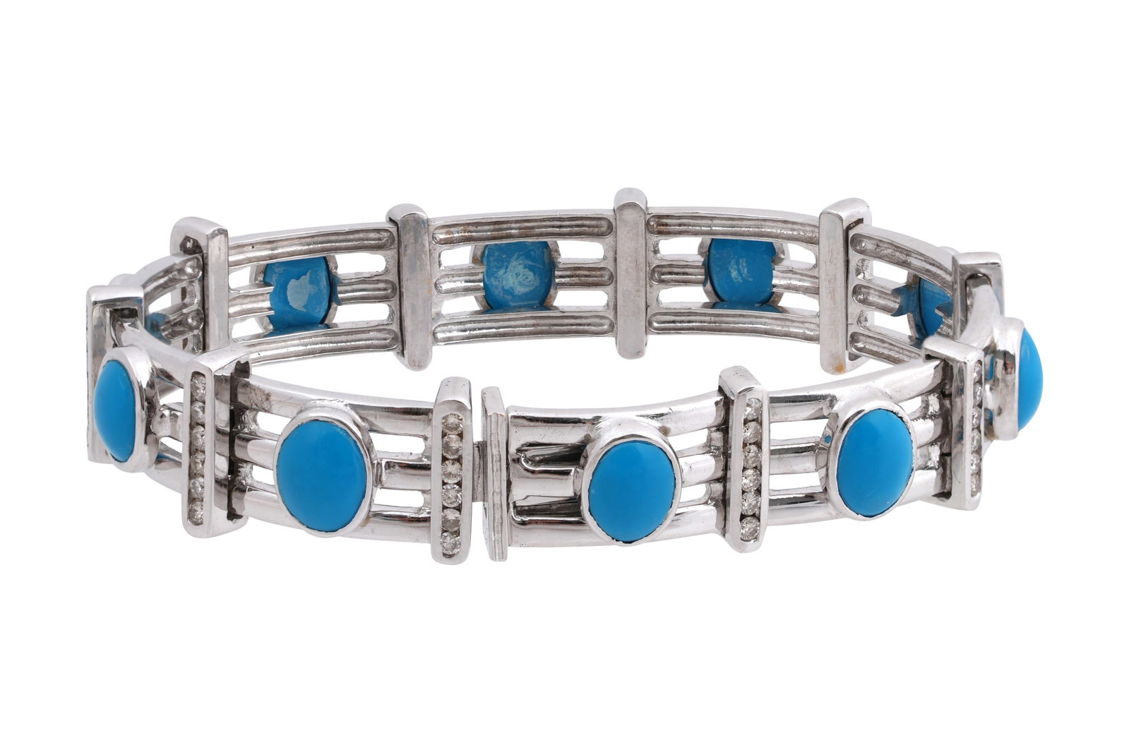 AN 18CT WHITE GOLD DIAMOND AND TURQUOISE CABOCHON BRACELET: AN 18CT WHITE GOLD DIAMOND AND TURQUOISE CABOCHON BRACELET With channel set roundcut diamonds set in the hinges, each segmented by a cabochon turquoise stone set across white gold bars, with a box cla
