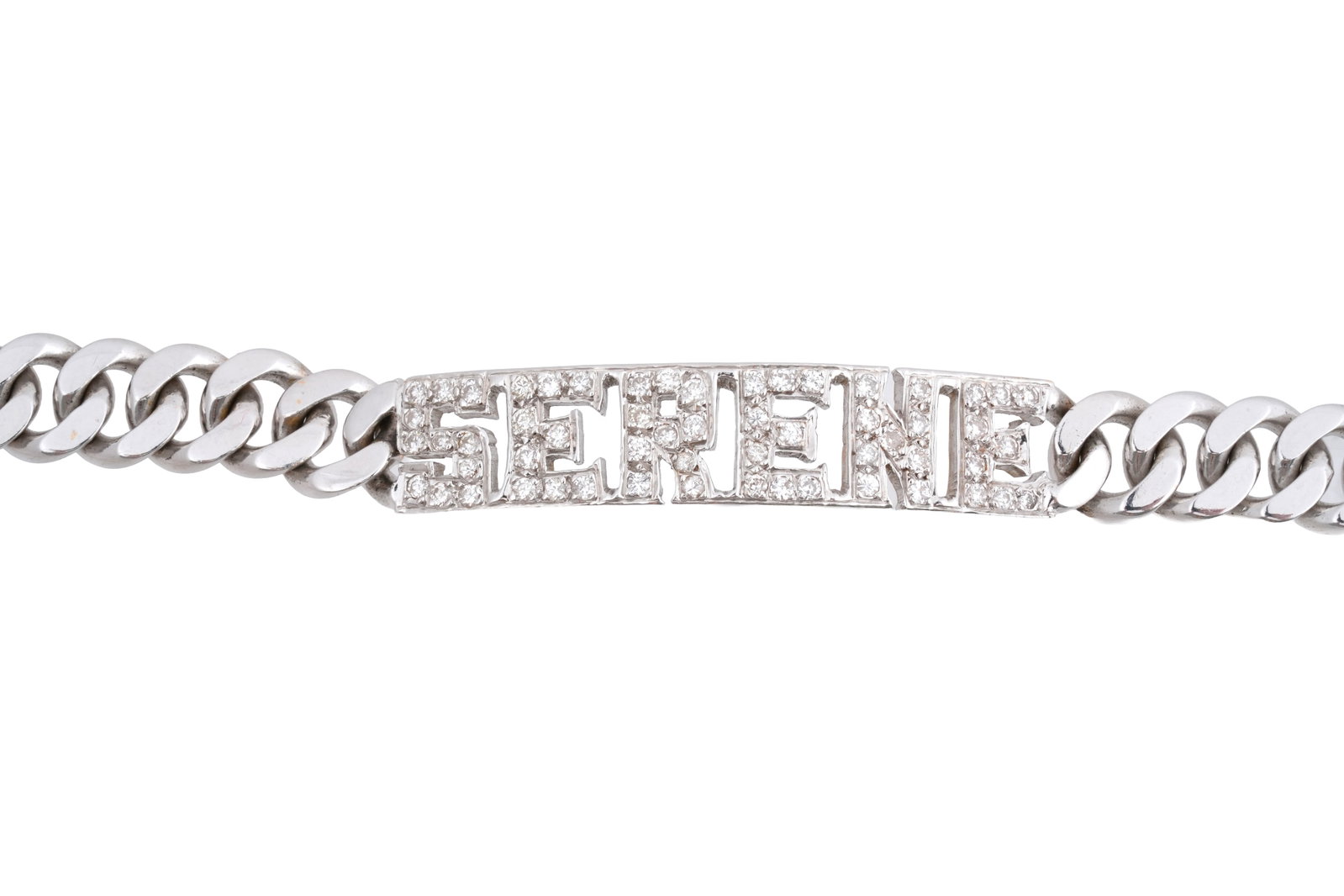 AN 18CT WHITE GOLD 'SERENE' IDENTITY BRACELET WITH DIAMONDS: AN 18CT WHITE GOLD 'SERENE' IDENTITY BRACELET WITH DIAMONDS Centred with 'Serene' in approximately 56 round cut diamonds, set in white gold, with a curb link bracelet terminating in a box clasp, marke