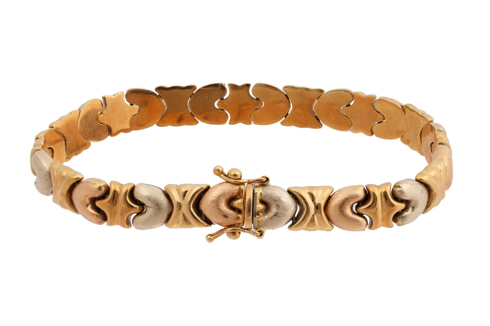 A THREE TONE 18CT GOLD BRACELET: A THREE TONE 18CT GOLD BRACELET Comprising alternating brushed and polished C-shaped segments in rose and yellow gold separated by polished sections, of contemporary design, terminating in a box clasp