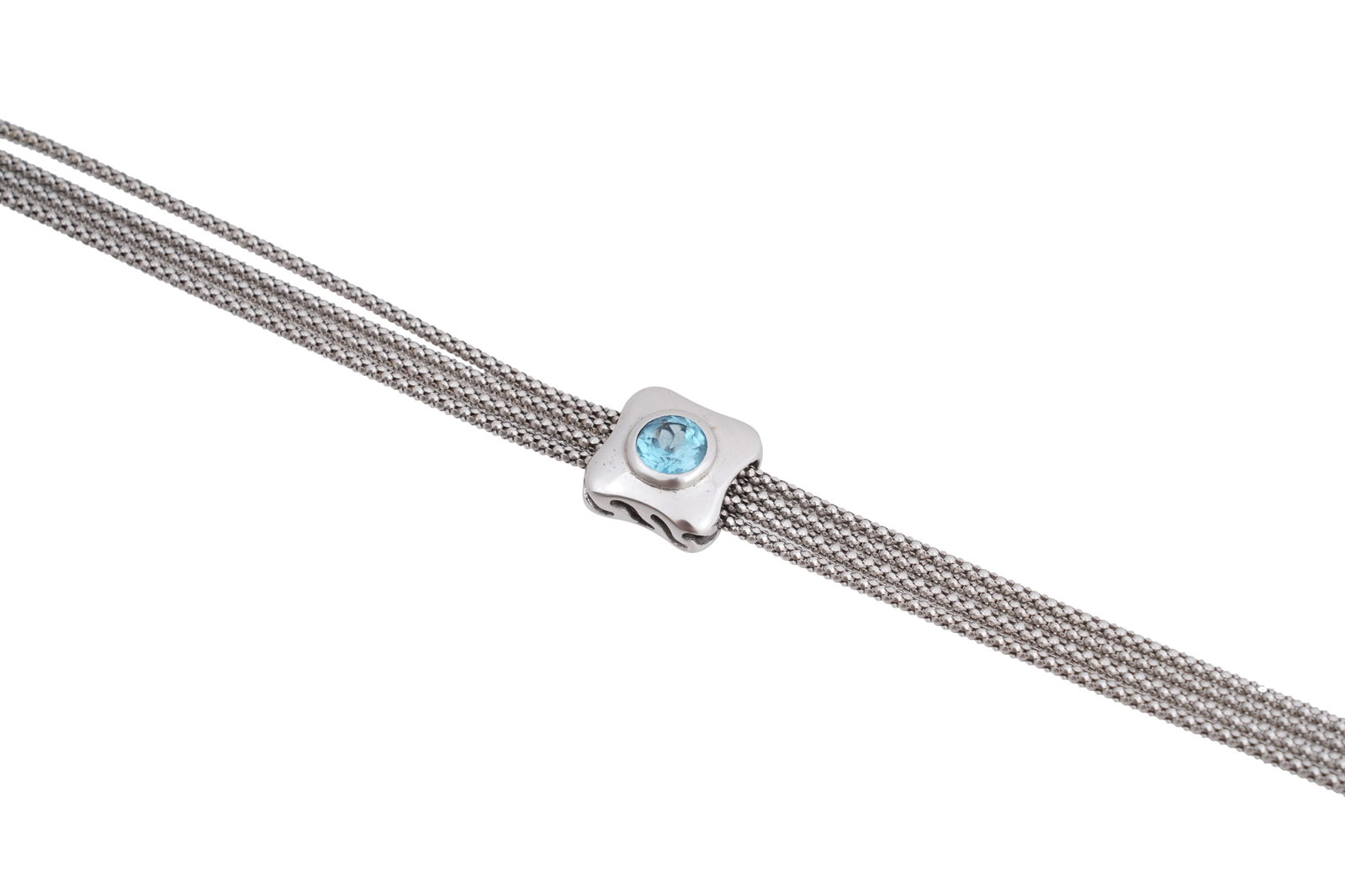 AN 18CT WHITE GOLD AND AQUAMARINE BRACELET: AN 18CT WHITE GOLD AND AQUAMARINE BRACELET With a central round cut aquamarine, bezel set in a square white gold setting, on a four strand box link chain, terminating in a chunky clasp, marked '750' v