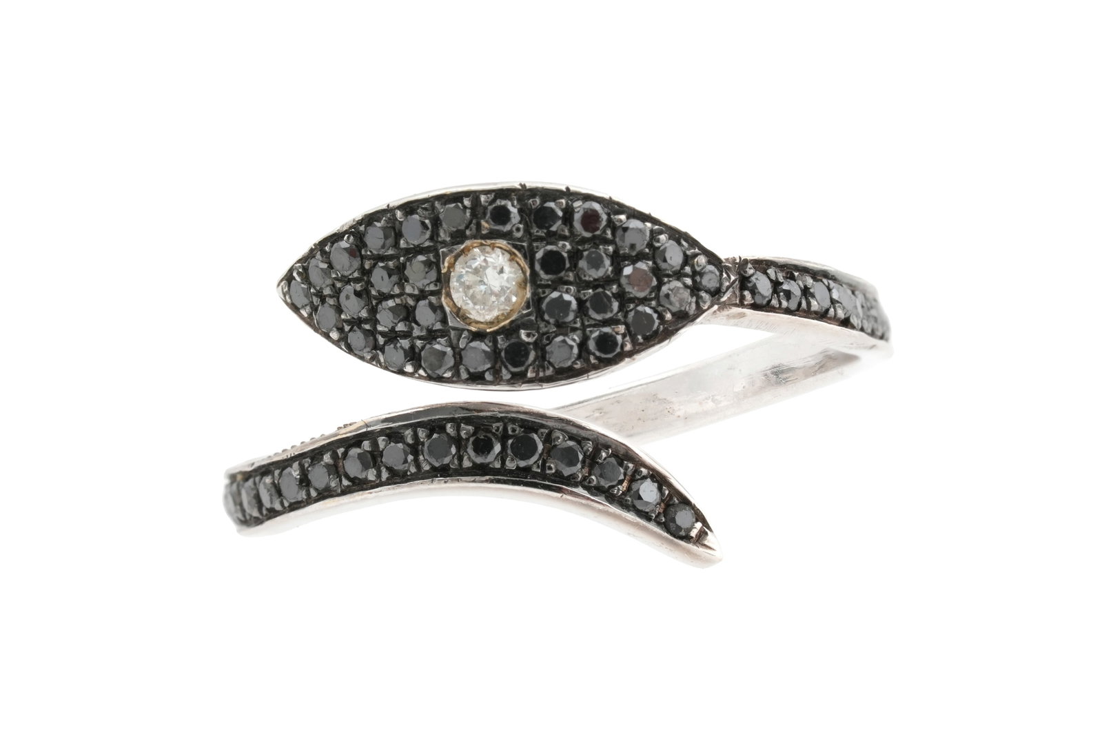 A WHITE METAL DIAMOND AND MARCASITE OPEN RING: A WHITE METAL DIAMOND AND MARCASITE OPEN RING The central roundcut diamond in a leaf form field of pavé set round cut marcasite stones, leading to a slender shank, the other end forming a separate te