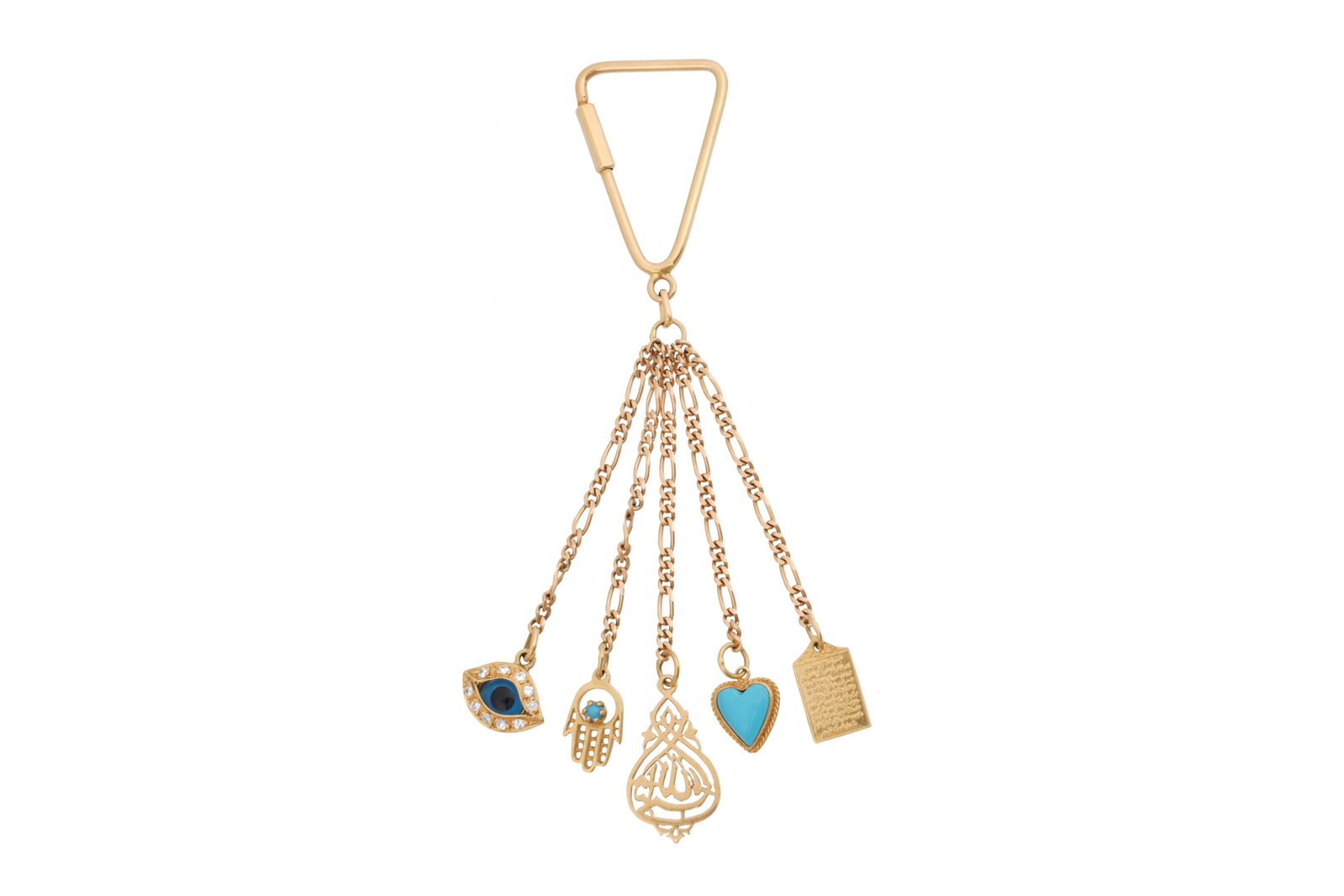 AN 18CT GOLD CHARM KEYCHAIN: AN 18CT GOLD CHARM KEYCHAIN A yellow gold twist lock key ring, with several auspicious charms to include a heart, an evil eye, a khamsa, a charm reading Allah in arabic and Ayat Al-Kursi charm, surfac