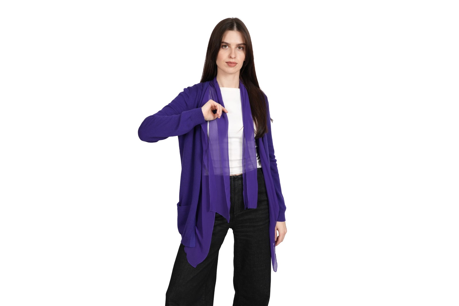 A BOTTEGA VENETA PURPLE 100% FINE CASHMERE CARDIGAN WITH SILK CHIFFON TIE DETAIL Made in Italy, (1 of 10)