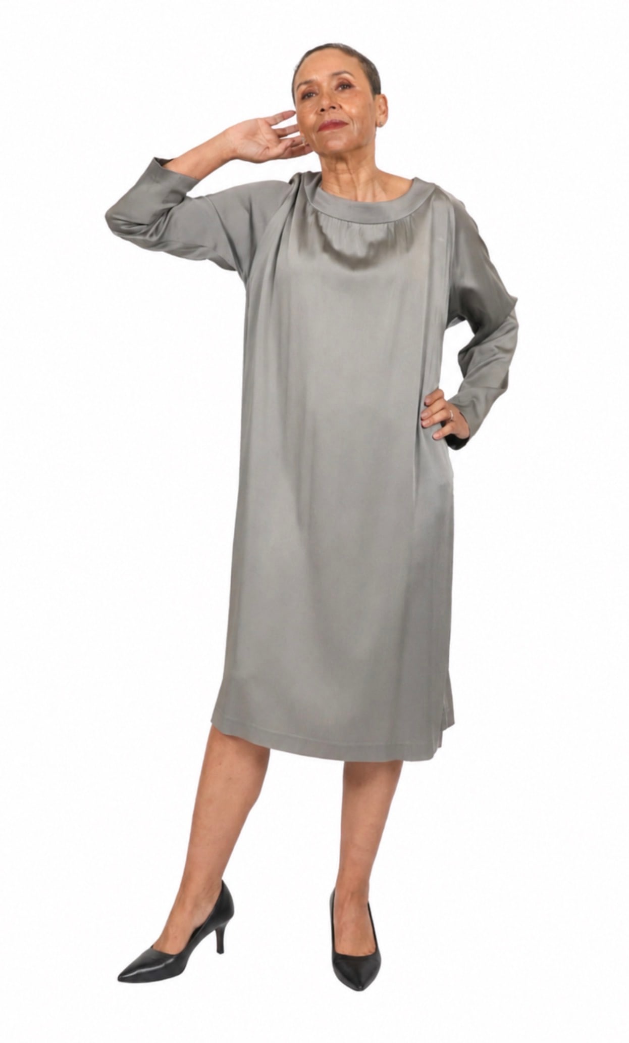 A DRIES VAN NOTEN SILVER-GREY SATIN DRAPED DRESS c.2008-2012, size EU 38 / UK 10-12: A DRIES VAN NOTEN DOVE SILVER-GREY SATIN DRAPED DRESS c.2008-2012, size EU 38 / UK 10-12 A refined draped dress by the influential Belgian designer Dries Van Noten, executed in fluid silver grey sa