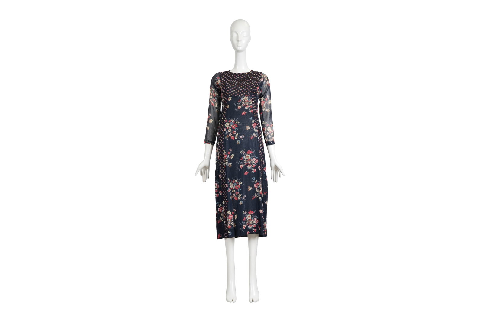 A RARE ORIGINAL VINTAGE THEA PORTER NAVY BLUE FLORAL TUNIC DRESS England, c.1975, size UK 10 / EU (1 of 8)