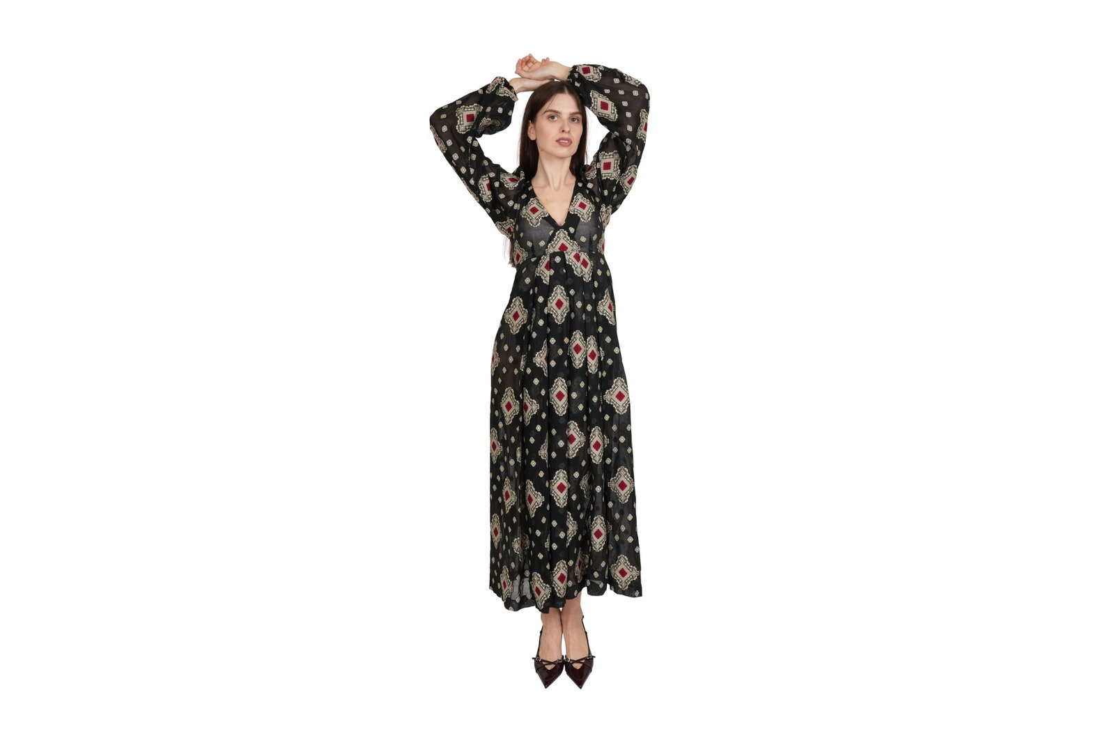 A RARE VINTAGE THEA PORTER NAVY BLUE PATTERNED FOLKLORIC DRESS London, England, c.1975, size UK: A RARE VINTAGE THEA PORTER NAVY BLUE PATTERNED FOLKLORIC DRESS London, England, c.1975, size UK 8-10 / EU 36-38 An embroidered semi-sheer black voile dress featuring a repeating pattern of large cre