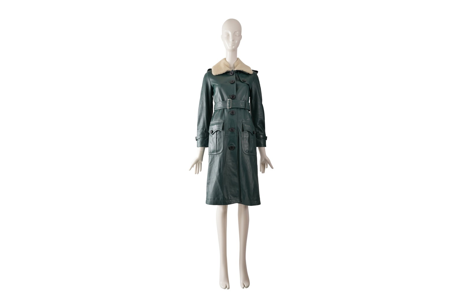 A COACH TEAL GREEN LEATHER BELTED COAT WITH SHEARLING COLLAR USA c.2014-2018, size US 00 / UK 6–8 (1 of 15)