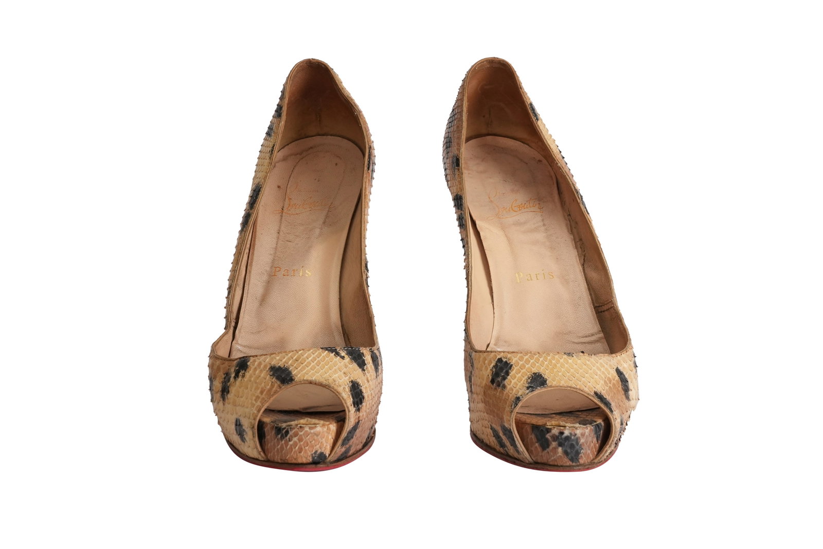 A PAIR OF CHRISTIAN LOUBOUTIN PYTHON ‘VERY PRIVÉ 120’ PEEP-TOE PLATFORM PUMPS Made in Italy,: A PAIR OF CHRISTIAN LOUBOUTIN PYTHON ‘VERY PRIVÉ 120’ PEEP-TOE PLATFORM PUMPS Made in Italy, c.2008-2012, size EU 38 / UK 5 A striking pair of Christian Louboutin ‘Very Privé 120’ platform p