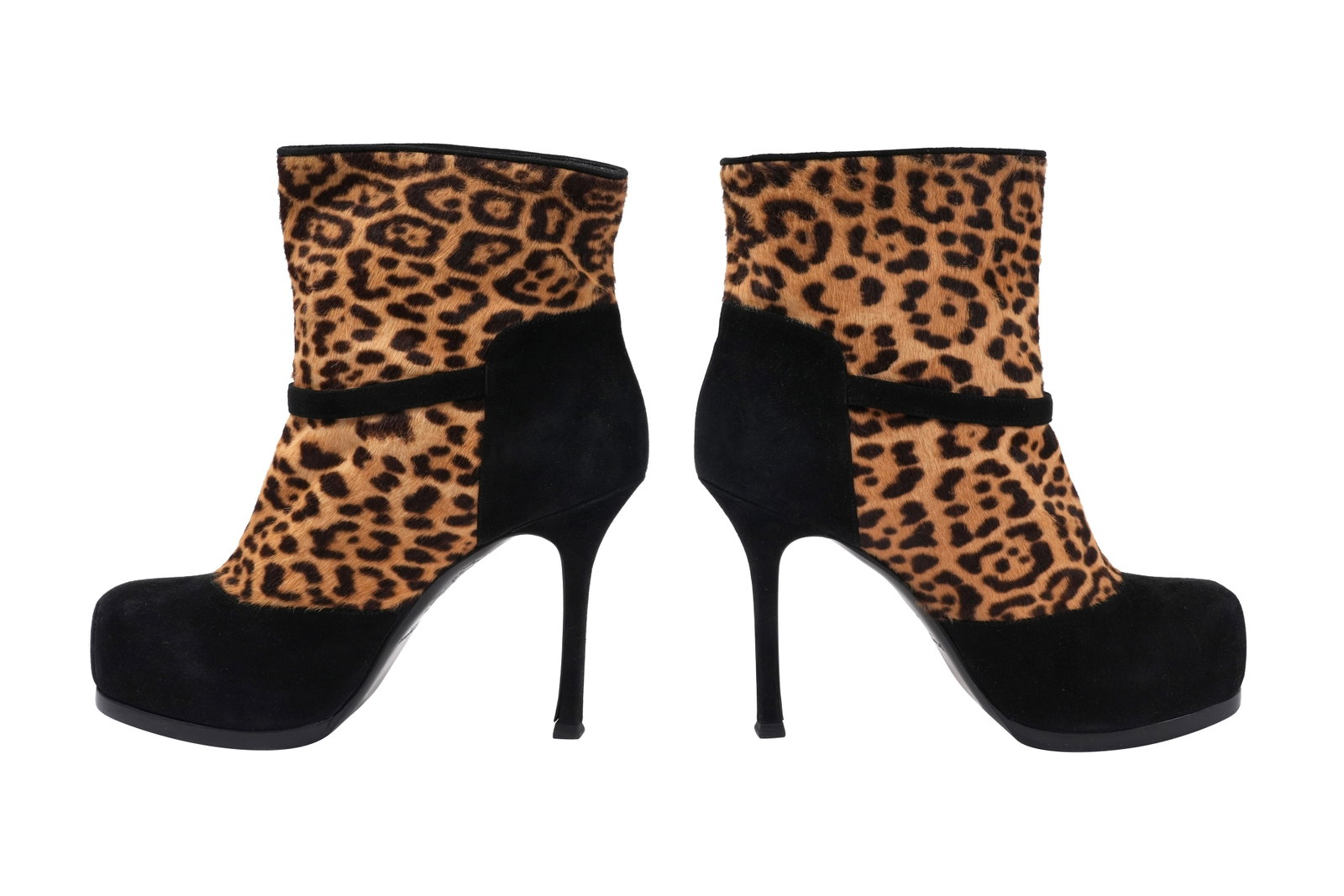 AN YVES SAINT LAURENT 'TRIBUTE PLATFORM' LEOPARD PONY HAIR AND SUEDE ANKLE BOOTS Made in Italy,: AN YVES SAINT LAURENT 'TRIBUTE PLATFORM' LEOPARD PONY HAIR AND SUEDE ANKLE BOOTS Made in Italy, c.2010, size EU 37 / UK 4 A striking pair of Yves Saint Laurent 'Tribute Platform' ankle boots crafted
