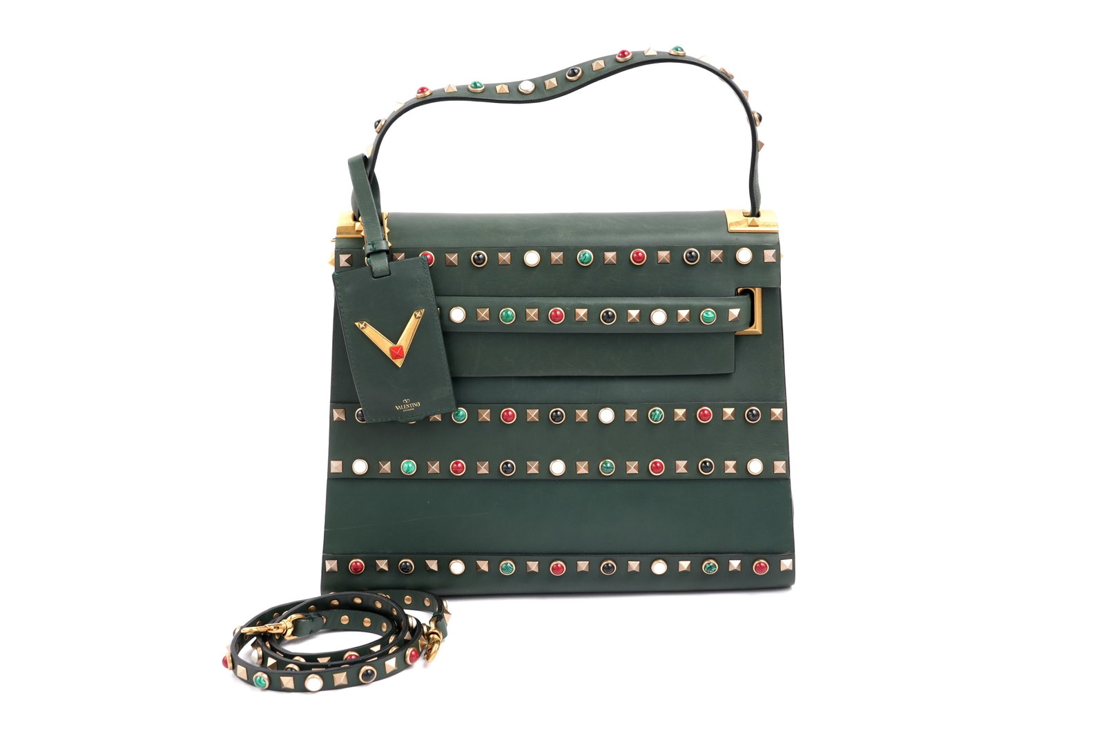 A VALENTINO GARAVANI ROCKSTUD ROLLING GREEN LEATHER BAG Made in Italy: A VALENTINO GARAVANI ROCKSTUD ROLLING GREEN LEATHER BAG Made in Italy A striking Valentino Garavani Rockstud Rolling shoulder bag crafted in in deep green calfskin leather, embellished with the signat