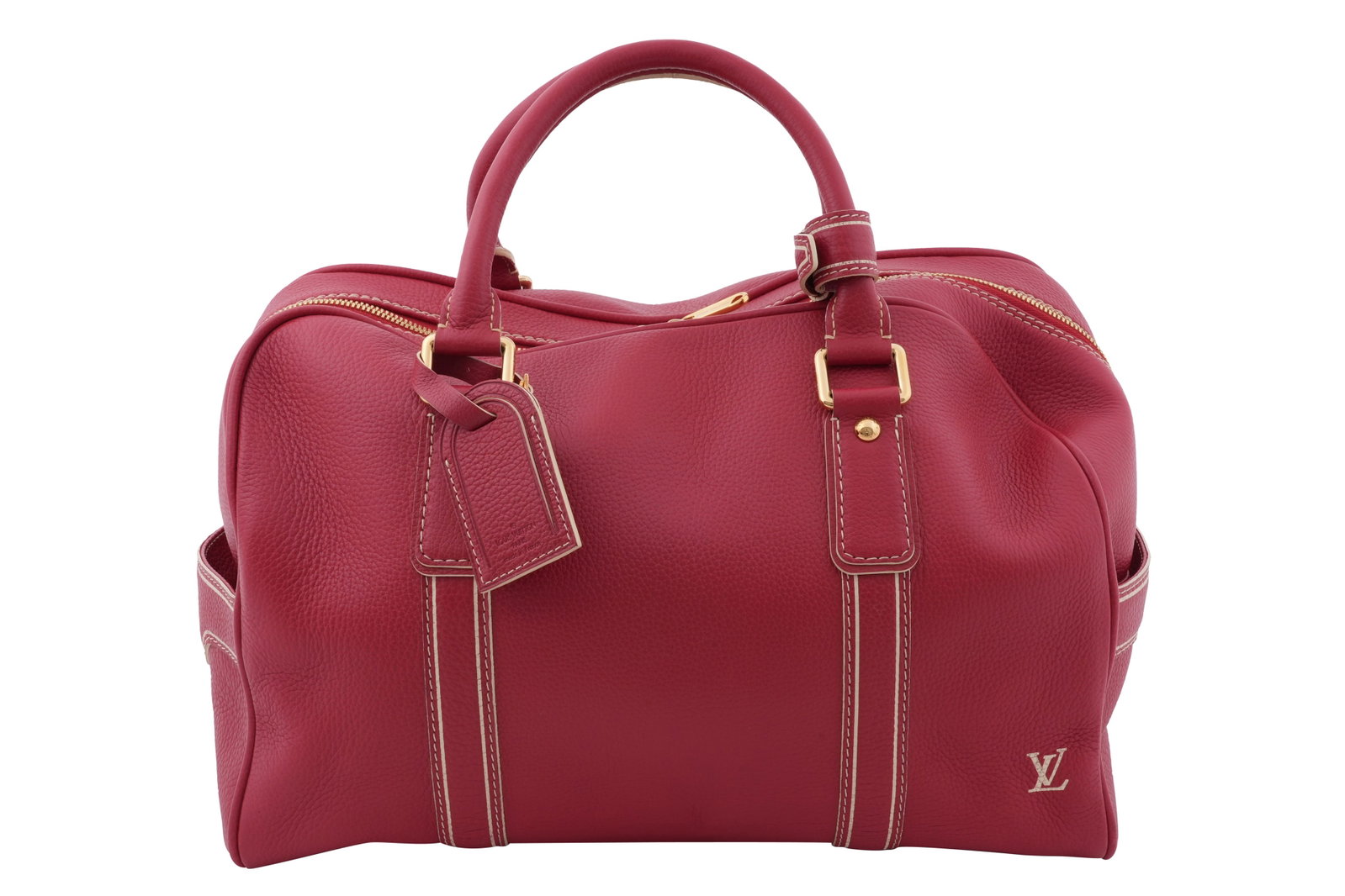 A LOUIS VUITTON 'TOBAGO CARRYALL' RED LEATHER DUFFEL BAG Made in France, 2005-2007: LOUIS VUITTON 'TOBAGO CARRYALL' RED LEATHER DUFFEL BAG Made in France, 2005-2007 Crafted in vibrant red Tobago grained leather with contrasting cream saddle stitching, this Louis Vuitton Tobago Carrya