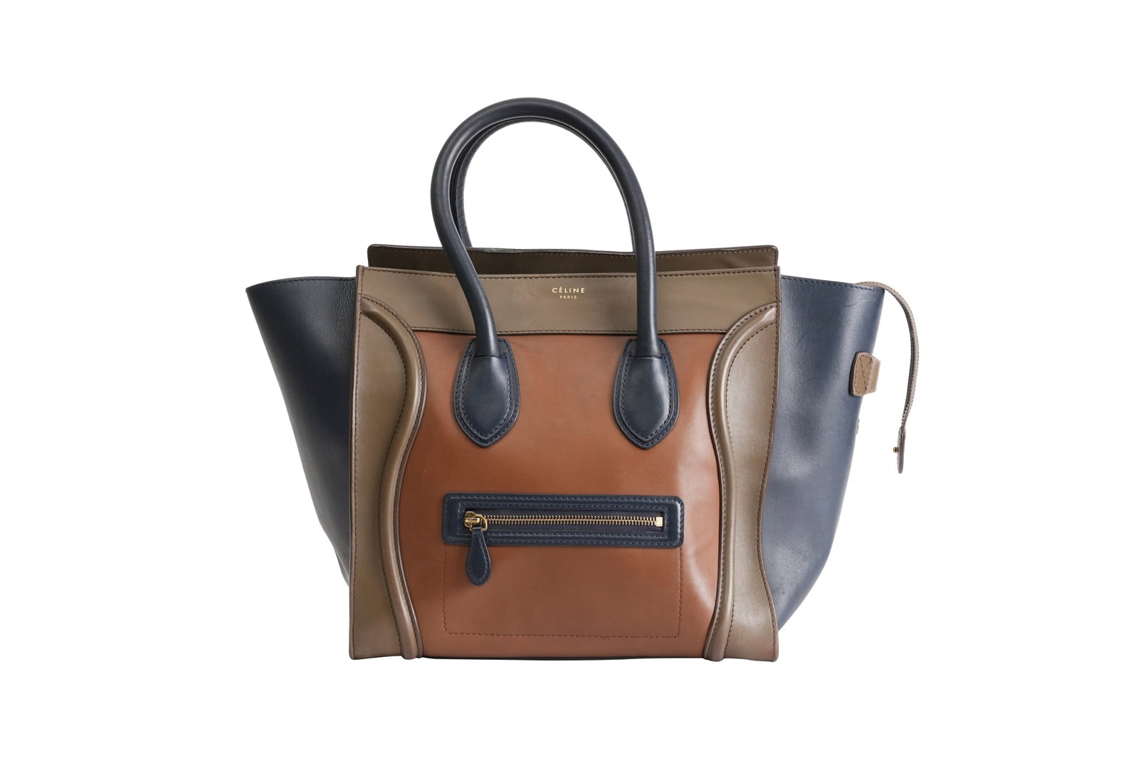 A CELINE 'LUGGAGE' TRICOLOUR CALF LEATHER TOTE BAG Made in Italy, Phoebe Philo era, c.2013-2016: A CELINE 'LUGGAGE' TRICOLOUR CALF LEATHER TOTE BAG Made in Italy, Phoebe Philo era, c.2013-2016 A Celine 'Luggage' Micro tote handbag executed in tricolour smooth calf leather comprisin