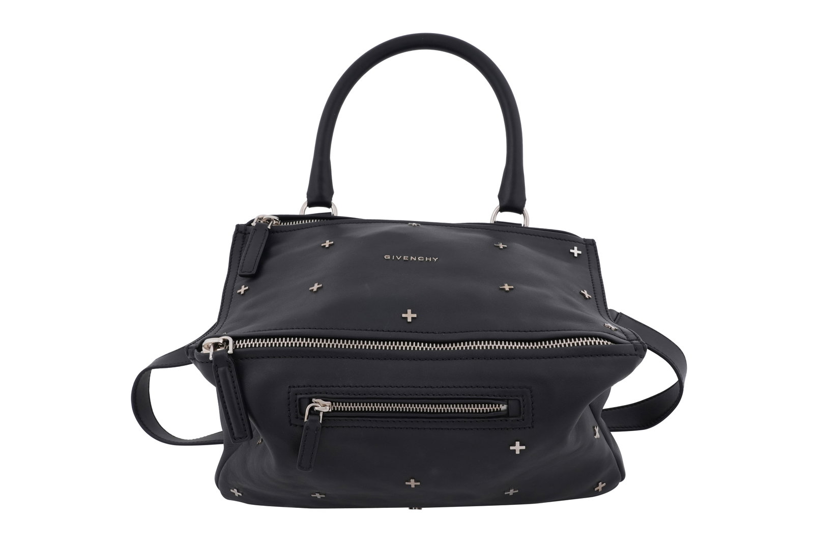 A GIVENCHY LARGE PANDORA BLACK LEATHER WITH SILVER-TONE CROSS MOTIF STUDS BAG Made in Italy,: A GIVENCHY LARGE PANDORA BLACK LEATHER WITH SILVER-TONE CROSS MOTIF STUDS BAG Made in Italy, c.2000s A stylish and distinctive Givenchy Pandora handbag crafted in supple black leather and embellished 