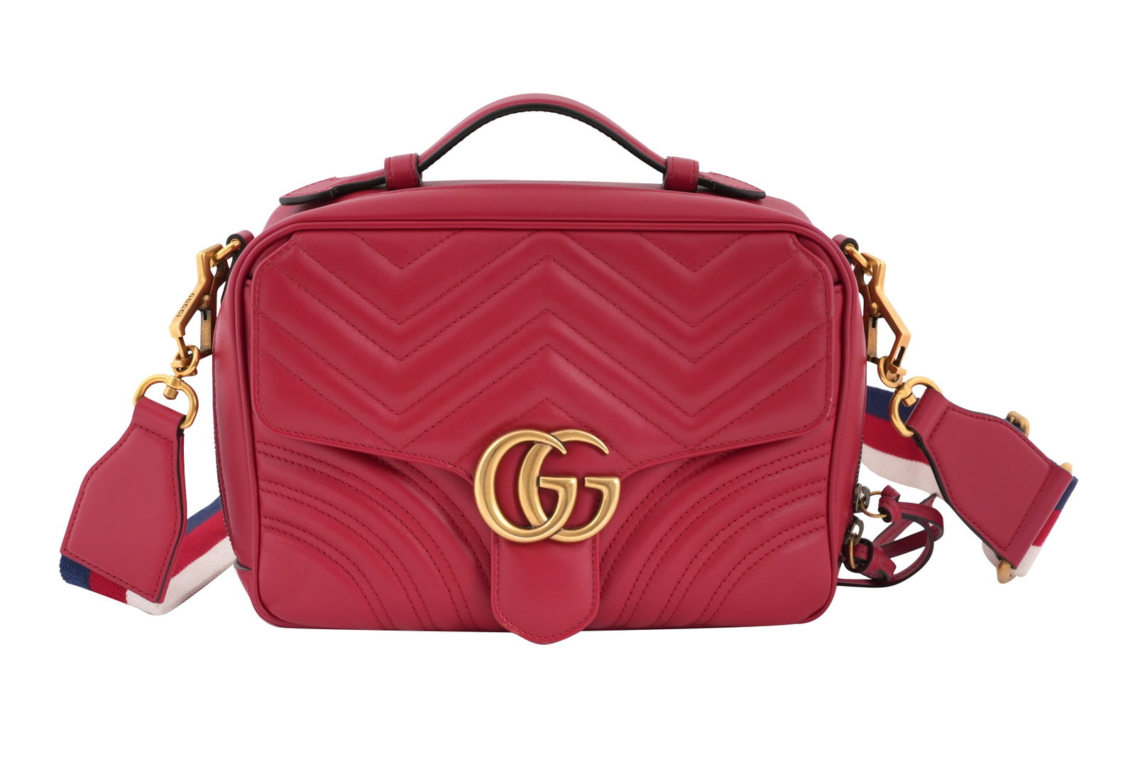 A GUCCI 'GG' MARMONT RED LEATHER MATELASS´´É LARGE CAMERA BAG Made in Italy, 2018-2020: A GUCCI 'GG' MARMONT RED LEATHER MATELASSÉ CAMERA BAG Made in Italy, 2018-2020 A striking Gucci 'GG' Marmont large camera bag crafted in vibrant red matelassé chevron-quilted leather, featuring the 