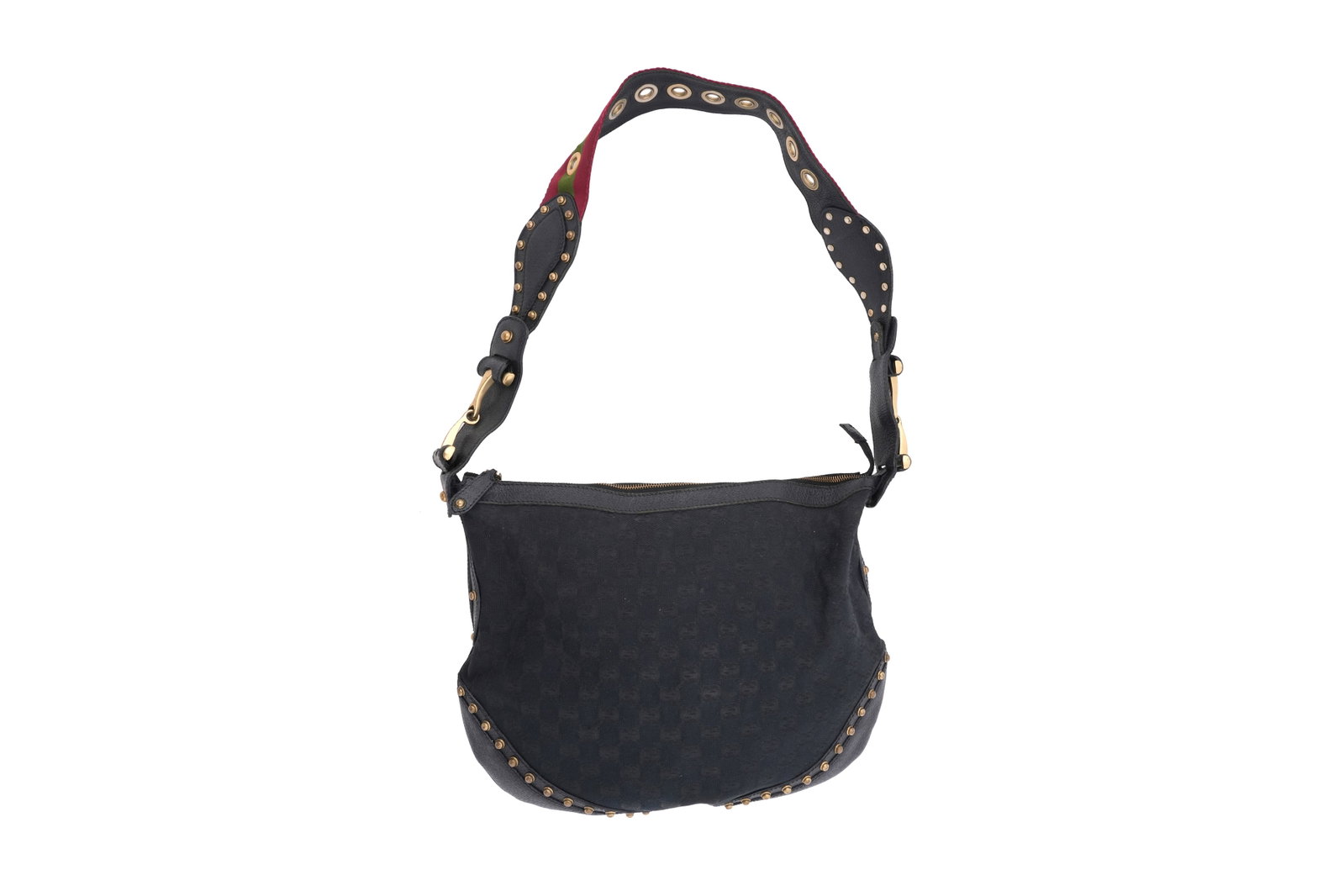 A GUCCI BLACK 'GG' CANVAS AND STUDDED LEATHER SHOULDER BAG Made in Italy, Tom Ford era, c.: A GUCCI BLACK GG CANVAS AND STUDDED LEATHER SHOULDER BAG Made in Italy, Tom Ford era, c.2002-2005 A striking and highly characteristic shoulder bag from the celebrated Tom Ford era at Gucci, combining