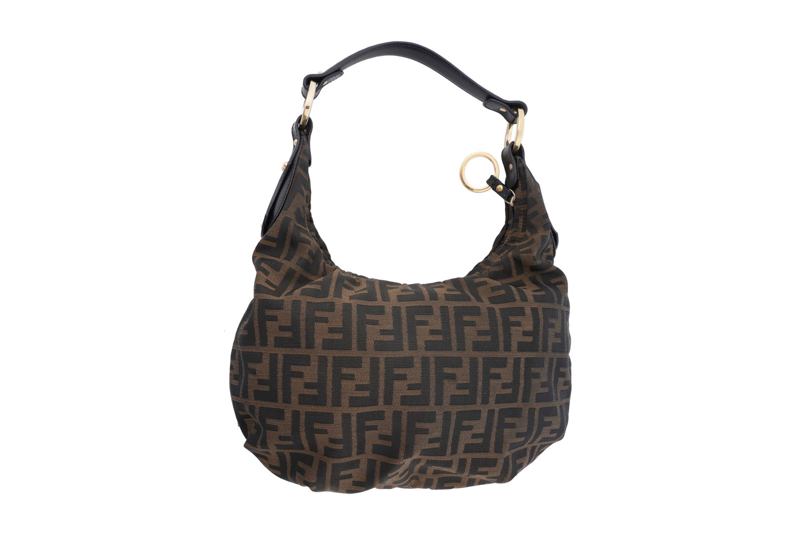 A FENDI 'ZUCCA' CANVAS AND BLACK LEATHER HOBO SHOULDER BAG WITH 'FF' MONOGRAM AND GOLD-TONE: A FENDI 'ZUCCA' CANVAS AND BLACK LEATHER HOBO SHOULDER BAG WITH 'FF' MONOGRAM AND GOLD-TONE HARDWARE Made in Italy, early 2000s A highly recognisable and enduring design from Fendi, this hobo-style sh