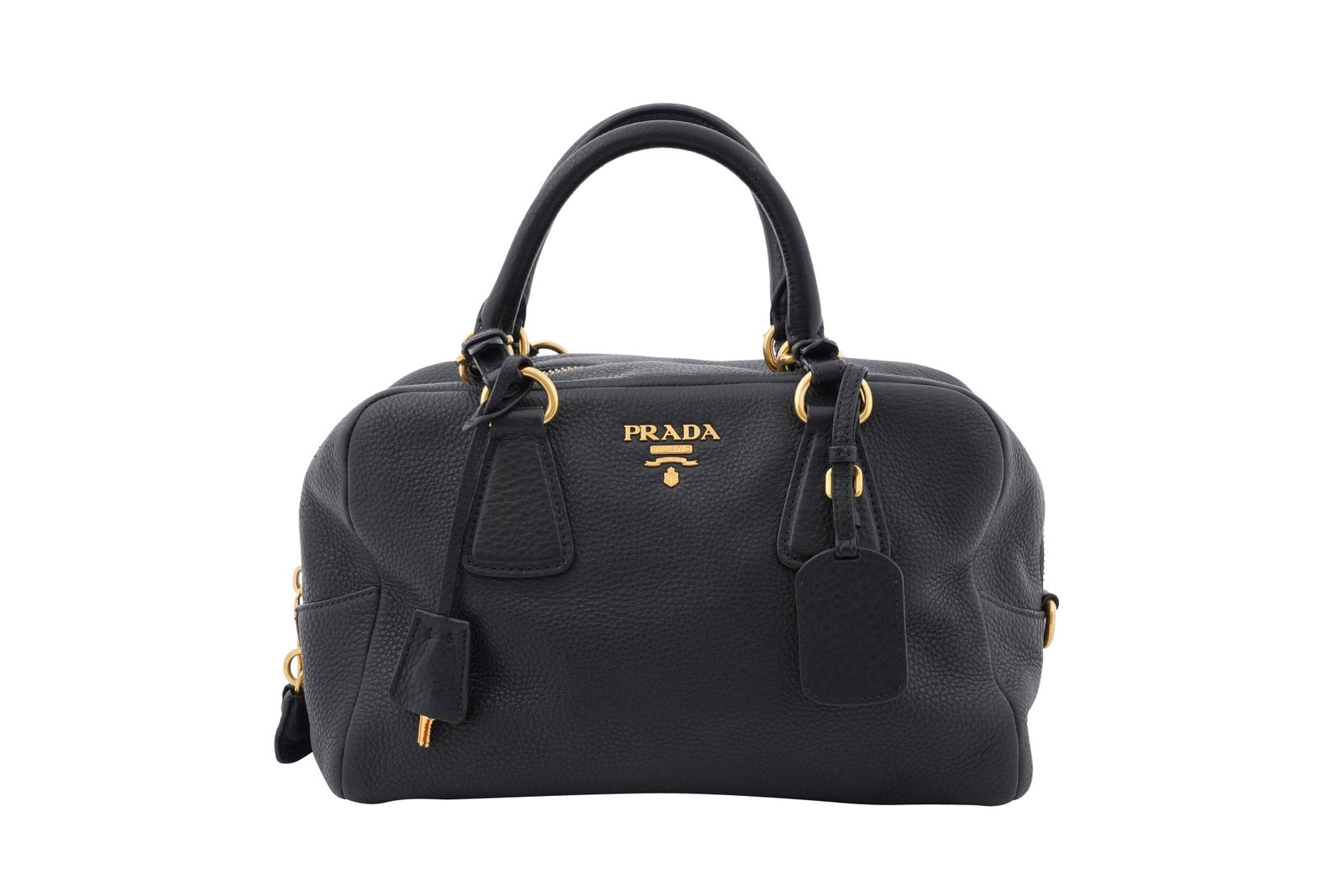 A PRADA BLACK PEBBLED LEATHER SHOULDER BAG Made in Italy, c.2005–2010: A PRADA BLACK PEBBLED LEATHER SHOULDER BAG Made in Italy, c.2005–2010 A classic Prada shoulder bag crafted in black pebbled leather, featuring twin rolled leather handles with gold-tone hardware fit