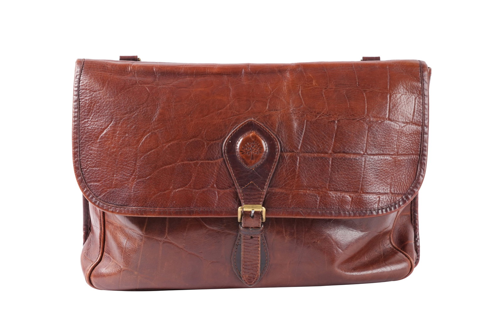 A MULBERRY BROWN CONGO LEATHER UNISEX LAPTOP SHOULDER BAG Made in England, late 1980s-early 1990s.: A MULBERRY BROWN CONGO LEATHER UNISEX LEATHER SHOULDER BAG Made in England, late 1980s-early 1990s A chestnut brown leather unisex shoulder bag, late 20th century in richly patinated vegetable-tanned 