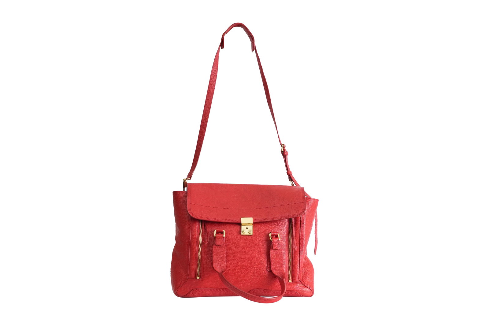 A PHILLIP LIM 'PASHLI' RED PEBBLED LEATHER SATCHEL BAG c.2011-2015: A PHILLIP LIM 'PASHLI' RED PEBBLED LEATHER SATCHEL BAG c.2011-2015 Phillip Lim 'Pashli' satchel handbag crafted in bright red pebbled leather with gold-tone hardware. Introduced in the early 2010s, th