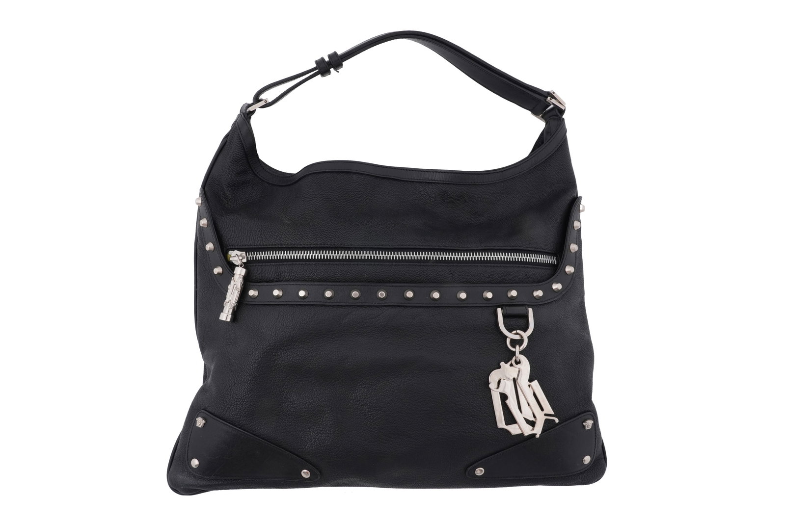 A VERSACE BLACK LEATHER STUDDED SHOULDER BAG WITH SILVER-TONE HARDWARE AND SIGNATURE CHARM Made in (1 of 12)