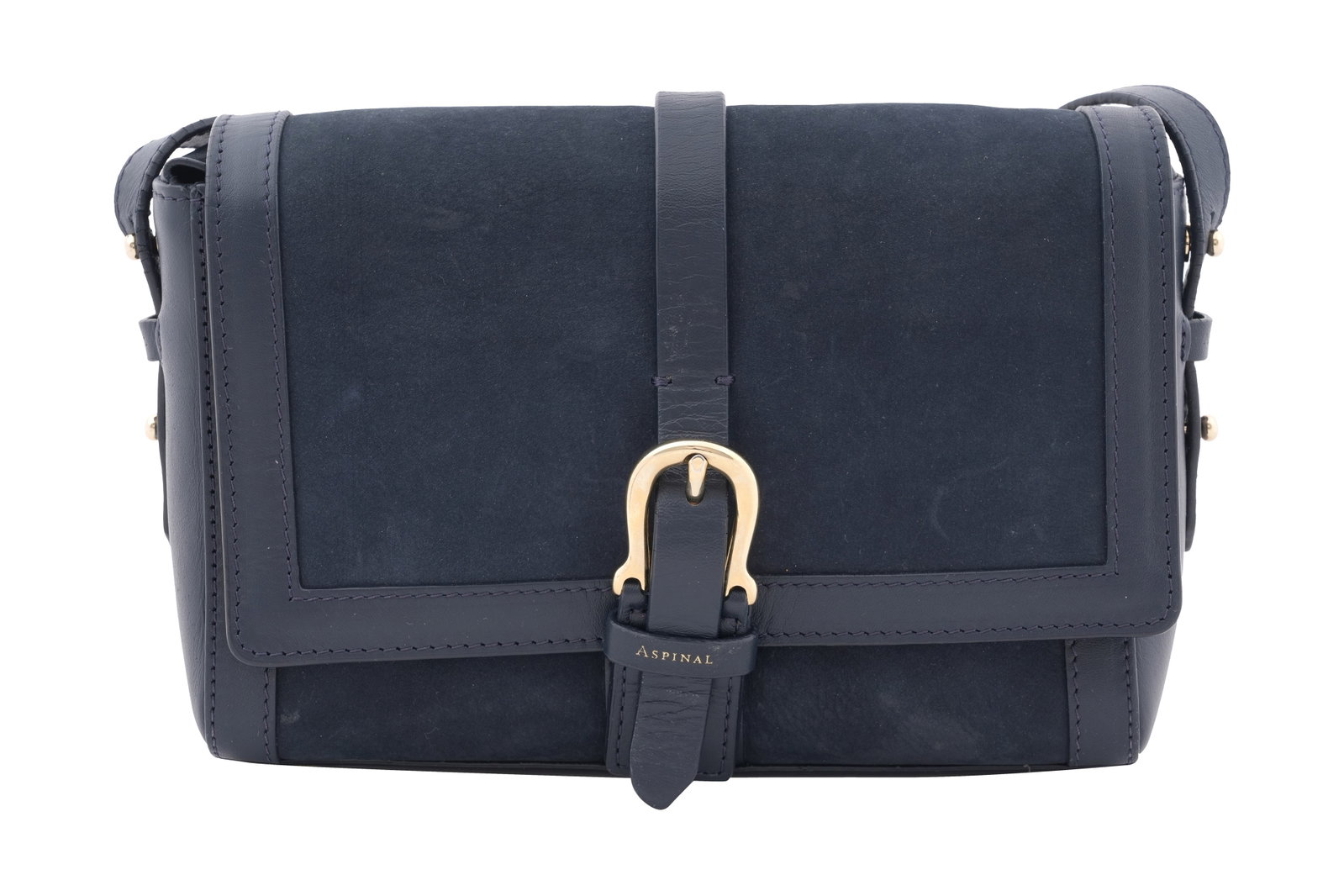 AN ASPINAL OF LONDON NAVY LEATHER AND SUEDE CROSSBODY BAG WITH EQUESTRIAN CLASP England,: AN ASPINAL OF LONDON NAVY LEATHER AND SUEDE CROSSBODY BAG WITH EQUESTRIAN CLASP England, c.2015–2020 A refined and highly wearable contemporary British luxury accessory, combining understated elegan