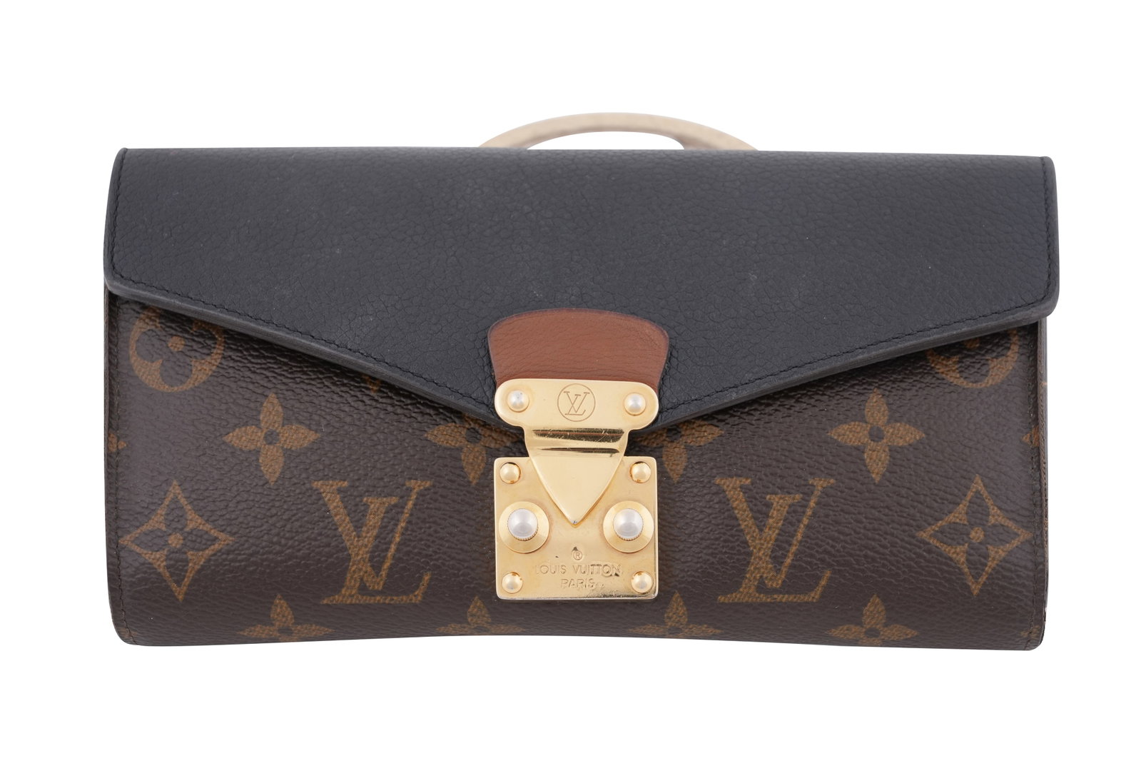 A LOUIS VUITTON MONOGRAM CANVAS AND BLACK LEATHER S-LOCK LONG WALLET Made in France, c.2016–2020: A LOUIS VUITTON MONOGRAM CANVAS AND BLACK LEATHER S-LOCK LONG WALLET Made in France, c.2016-2020 A highly practical and recognisable example of Louis Vuitton’s enduring monogram line, elevated with 