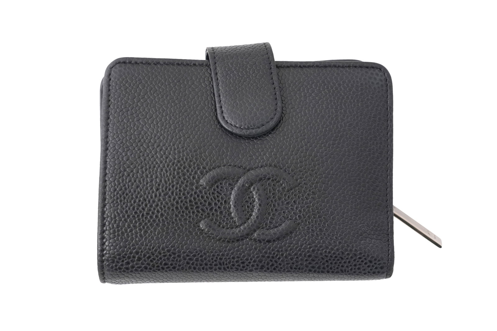 A CHANEL BLACK CAVIAR LEATHER COMPACT WALLET Made in France, c.2012–2013: A CHANEL BLACK CAVIAR LEATHER BIFOLD WALLET Made in France, c.2012–2013 A Chanel bifold wallet crafted in black caviar-grain leather, with silver coloured hardware (SCH) the exterior featur