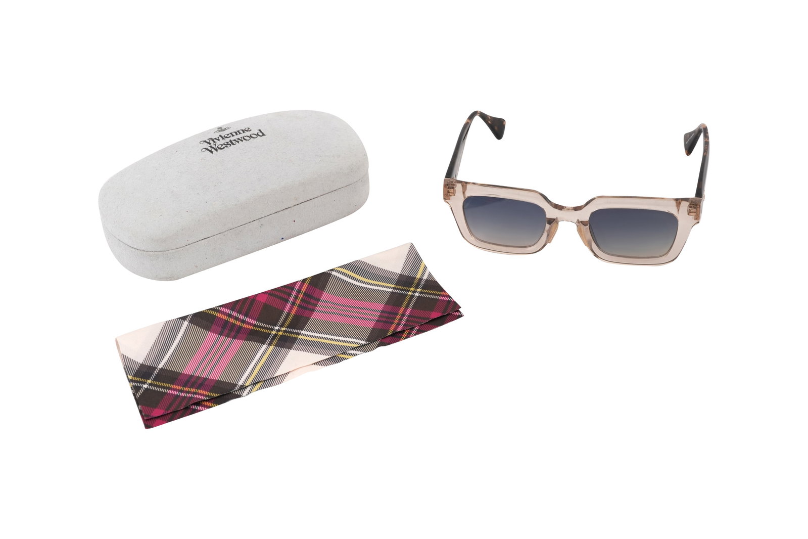 A PAIR OF VIVIENNE WESTWOOD SUNGLASSES WITH CASE England: A PAIR OF BOXED VIVIENNE WESTWOOD SUNGLASSES WITH CASE England A stylish pair of Vivienne Westwood sunglasses with translucent smoky acetate frames and dark tinted lenses, retaining t