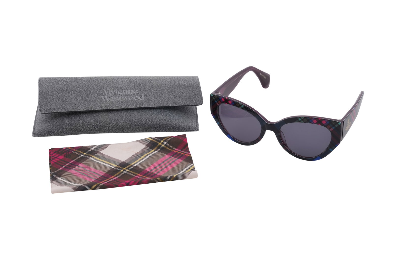 A PAIR OF VIVIENNE WESTWOOD TARTAN SUNGLASSES WITH CASE Britain: A PAIR OF VIVIENNE WESTWOOD TARTAN SUNGLASSES WITH CASE Britain A distinctive pair of Vivienne Westwood sunglasses featuring a bold cat-eye frame decorated in a vibrant multicoloured tartan pattern, a