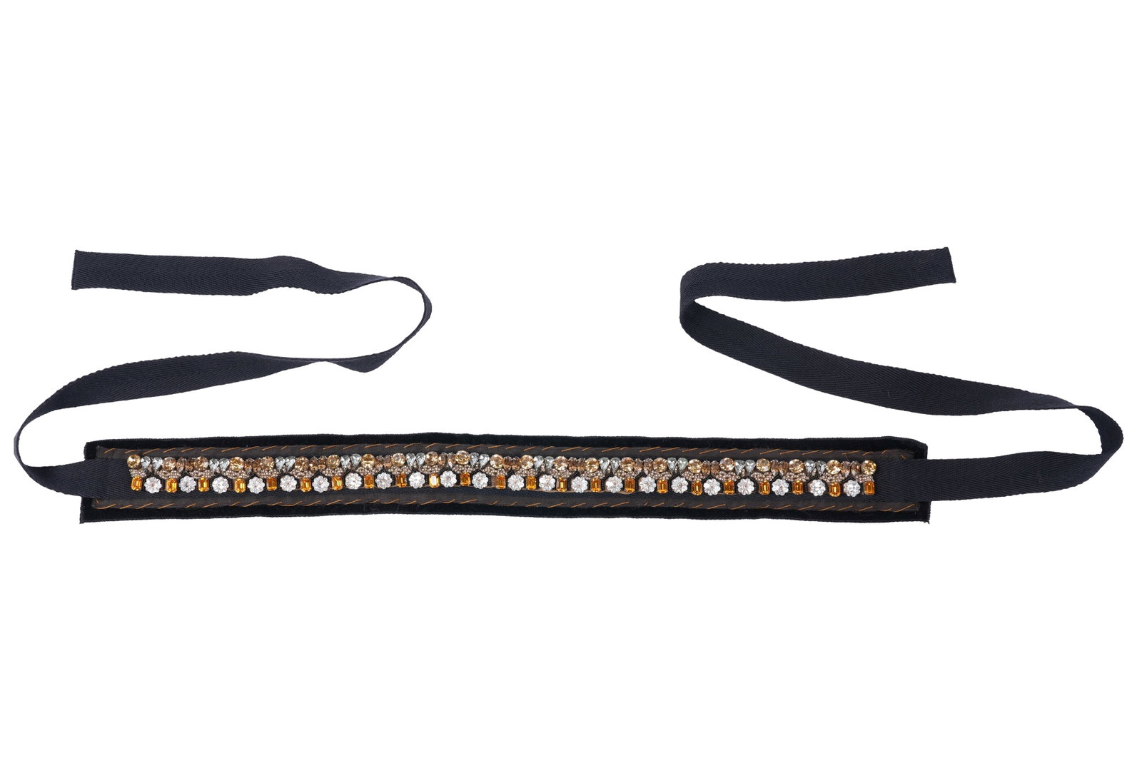 A PRADA CRYSTAL-EMBELLISHED SILK BELT Made in Italy, early 21st century: A PRADA CRYSTAL-EMBELLISHED SILK BELT Made in Italy, early 21st century An eye-catching Prada belt, designed in black textile and richly embellished with a continuous central band of faceted crystals 