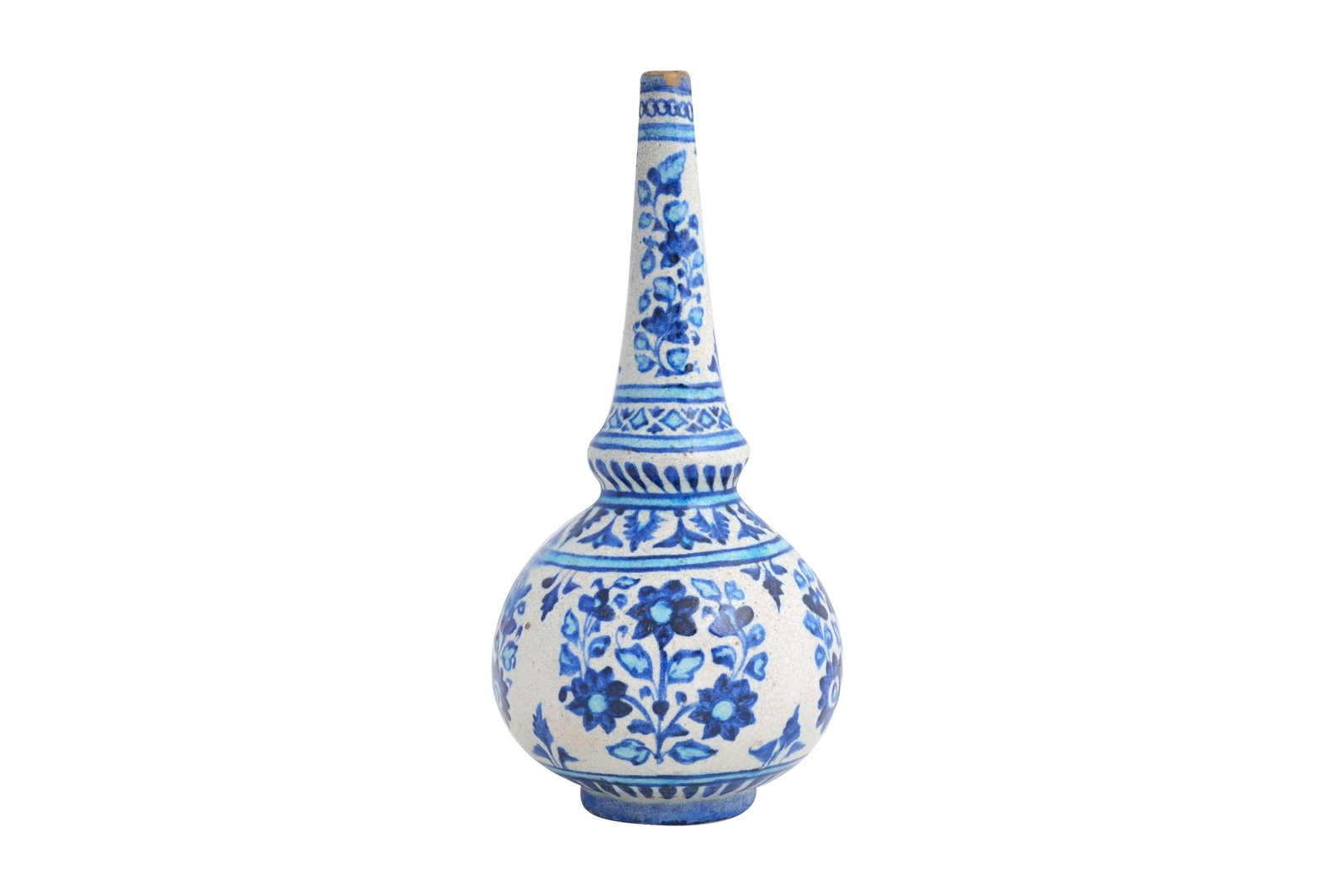 A SIGNED MULTAN POTTERY ROSEWATER SPRINKLER Multan, Southern Punjab, Pakistan, 18th century: A SIGNED MULTAN POTTERY ROSEWATER SPRINKLER Multan, Southern Punjab, Pakistan, 18th century The pottery rosewater sprinkler rests on a disc foot, with a globular body and a long tapering neck, the ext