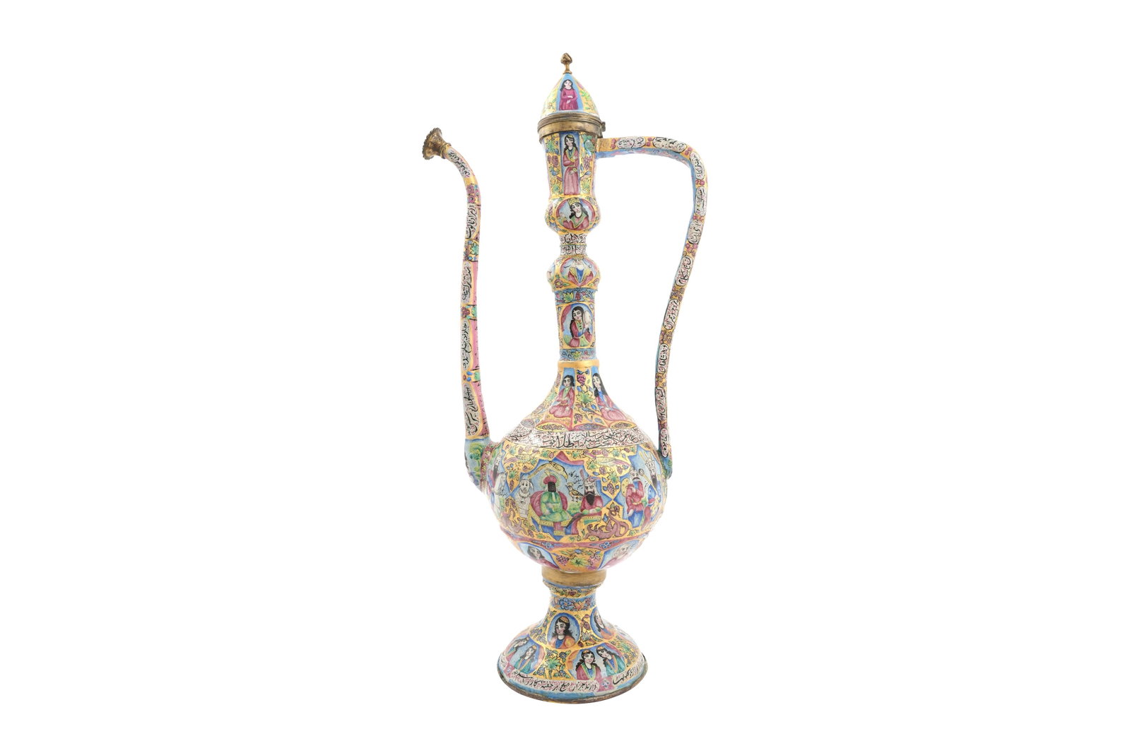 A RARE QAJAR ENAMELLED COPPER EWER (AFTABA) WITH FIGURAL DECORATION Qajar Iran, 19th century: A RARE QAJAR ENAMELLED COPPER EWER (AFTABA) WITH FIGURAL DECORATION Qajar Iran, 19th century Tall vessel with a round, bulbous body on a flared pedestal foot, the long, narrow neck with two bulb-like 