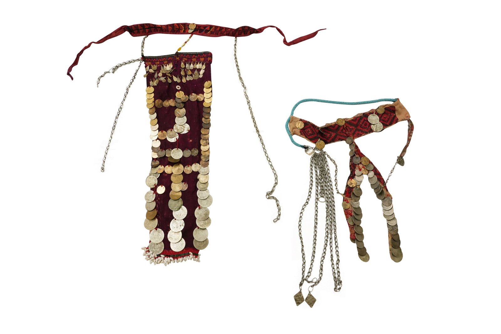 TWO PALESTINIAN FACE VIELS (BURQAS) South Sinai and Southern Palestine, early 20th century: TWO PALESTINIAN FACE VIELS (BURQAS) South Sinai and Southern Palestine, early 20th century Face coverings worn by Bedouin women; featuring the front piece of the burqa (shakkah), made of velvet and si