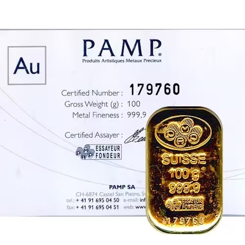 PAMP Suisse 100 Gram Gold Bar - Poured Design: PAMP Suisse 100 Gram Gold Bar - Poured Design