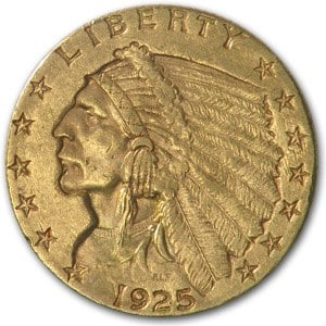 US $2.5 Indian Gold Coins Almost Uncirculated 1925-D (1 of 2)