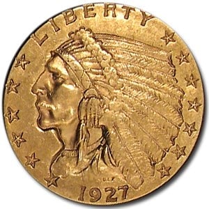US $2.5 Indian Gold Coins Almost Uncirculated 1927 (1 of 2)