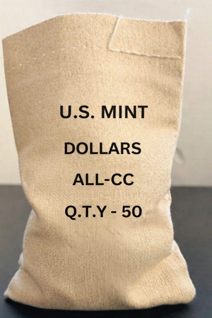 QTY 50 All CC Sealed Bag BU: An original Brilliant Uncirculated (BU) sealed bag containing 50 Carson City Mint Morgan Silver Dollars, each struck in 90% silver and featuring the legendary "CC" mint mark. These historic coins rema