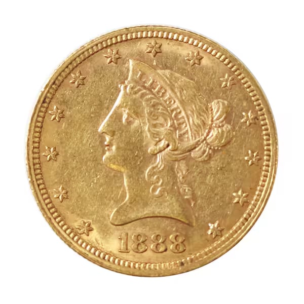 $10 Gold Liberty 1888-S AU: The 1888-S $10 Gold Liberty, known as the "Eagle," is a distinguished example of late 19th-century American coinage. Minted at the San Francisco Mint, this coin reflects the economic prosperity of the