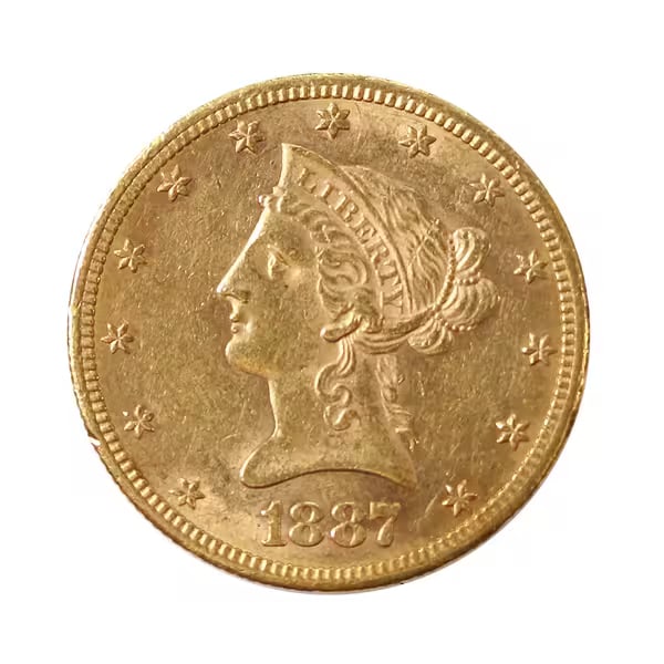 $10 Gold Liberty 1887-S AU: The 1887-S $10 Gold Liberty, known as the "Eagle," is a distinguished example of late 19th-century American coinage. Minted at the San Francisco Mint, this coin reflects the nation’s economic growth