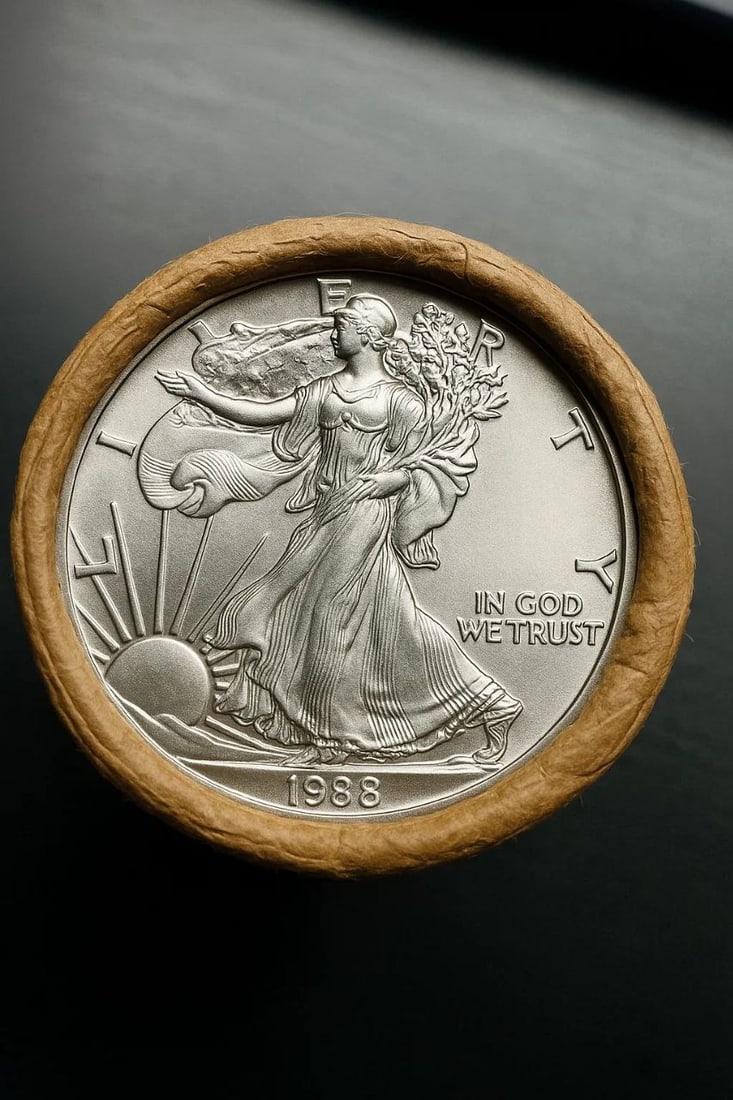 BU $20 1988 & 1988 1 oz Silver American Eagle $1 Coin Roll: This original Brilliant Uncirculated (BU) sealed roll contains 20 American Silver Eagle coins, each struck in 1 troy ounce of .999 fine silver. The roll features a 1988 coin on one end and a 1988 coin