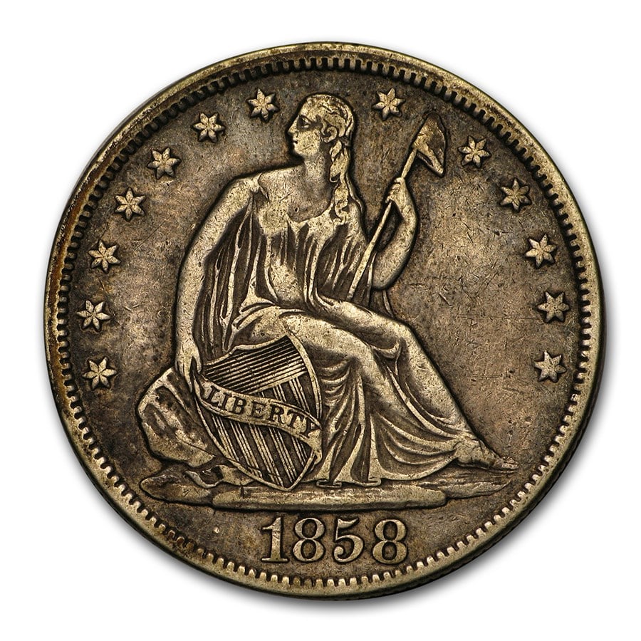 Seated Liberty Half Dollar Extra Fine 1858: The 1858 Seated Liberty Half Dollar in Extra Fine condition displays crisp detail with light wear and strong eye appeal. A premium 90% silver antebellum issue