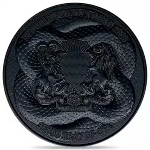 2023 Chad 2 oz Silver Black Mamba High Relief Coin .999 Fine (w/Box): A striking 2 oz .999 fine silver coin featuring the fierce Black Mamba in stunning high relief. Incredible depth and detail bring the design to life. Includes original box for enhanced collectible app