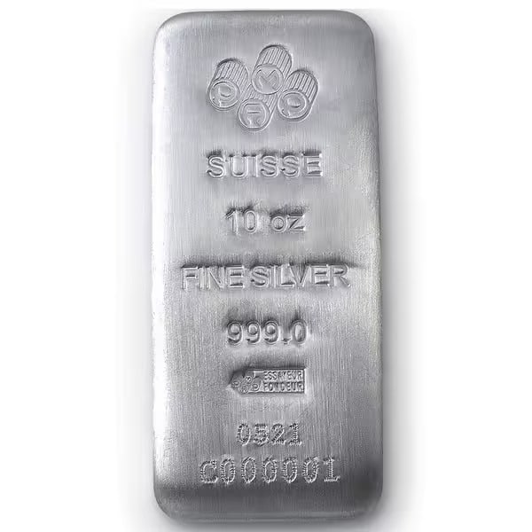 PAMP SUISSE Silver Bar 10 oz. (w/Assay): Make a powerful statement in your collection with the 5 oz Silver Revolver Gun Shaped Antiqued High Relief .999 Fine. Struck from 5 troy ounces of .999 fine silver, this high-relief piece features an