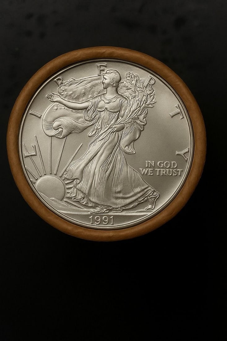 BU $20 1991 & 1991 1 oz Silver American Eagle $1 Coin Roll: This original Brilliant Uncirculated (BU) sealed roll contains 20 American Silver Eagle coins, each struck in 1 troy ounce of .999 fine silver. The roll features a 1991 coin on one end and a 1991 coin