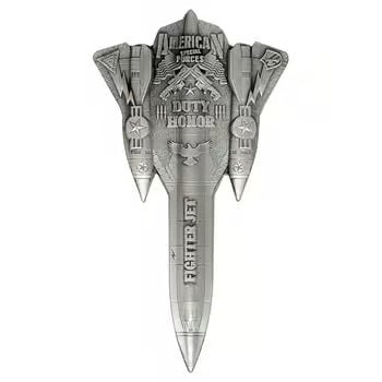 2024 Chad 2 oz Silver Fighter Jet Antiqued Shaped Coin .999 Fine: An impressive 2 oz .999 fine silver coin crafted in a detailed fighter jet shape. Antiqued finish enhances depth and realism. Limited release with strong display presence. A must-have for aviation and