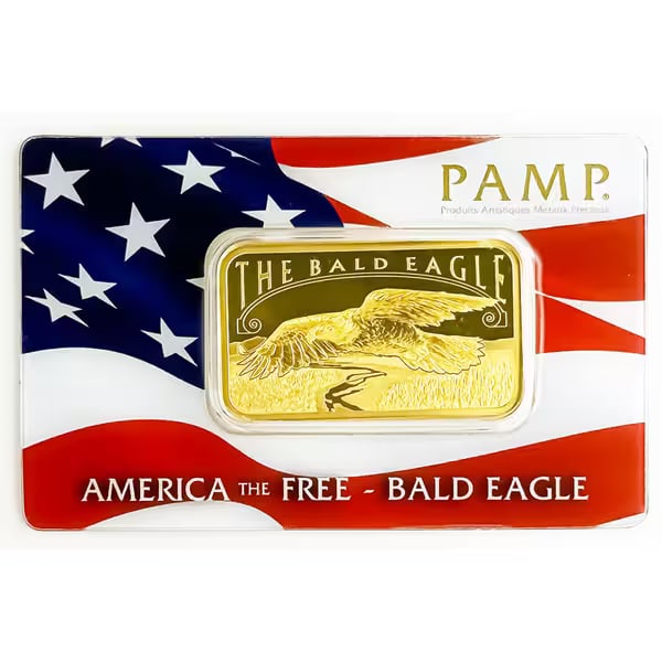 Pamp Suisse 1 Ounce Gold Bar--Bald Eagle: Struck in 1 oz of .9999 fine gold, this bar features a majestic Bald Eagle design symbolizing strength and freedom. Produced by PAMP Suisse, it combines Swiss precision with American heritage. An attr