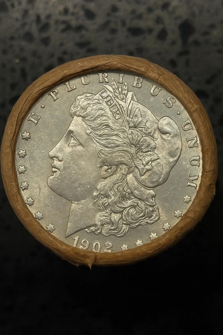 BU $10 Morgan Silver Dollar Roll 1902 & CC Ends: An original Brilliant Uncirculated (BU) sealed roll of Morgan Silver Dollars featuring 1902 and Carson City (CC) end coins. The roll remains sealed, with only the front and back coins visible. All coi